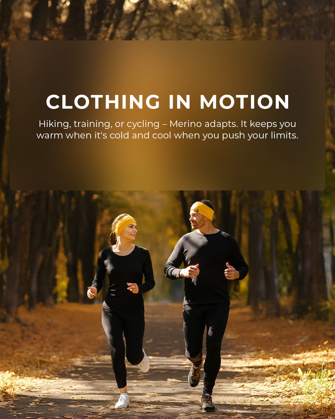 Two people running outdoors with a promotional banner for 'Clothing in Motion' in the background.