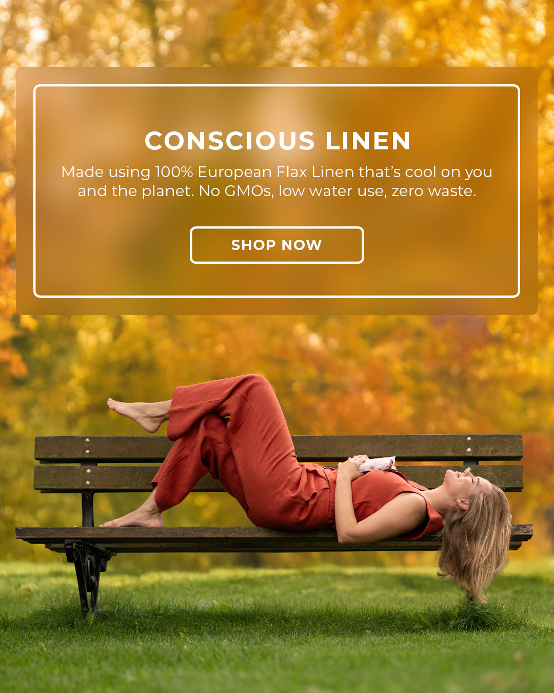 Woman lying on a bench with a promotional banner for conscious linen in the background