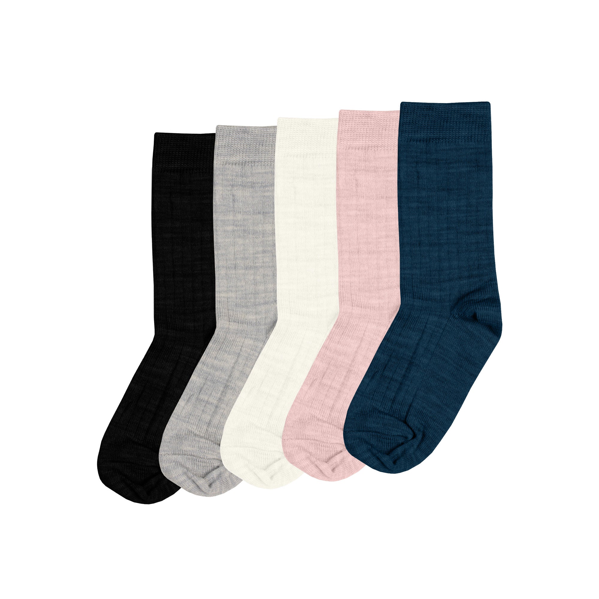 the menique Kids' merino rib crew socks in all available colors: black, light gray, natural, pink, blue.