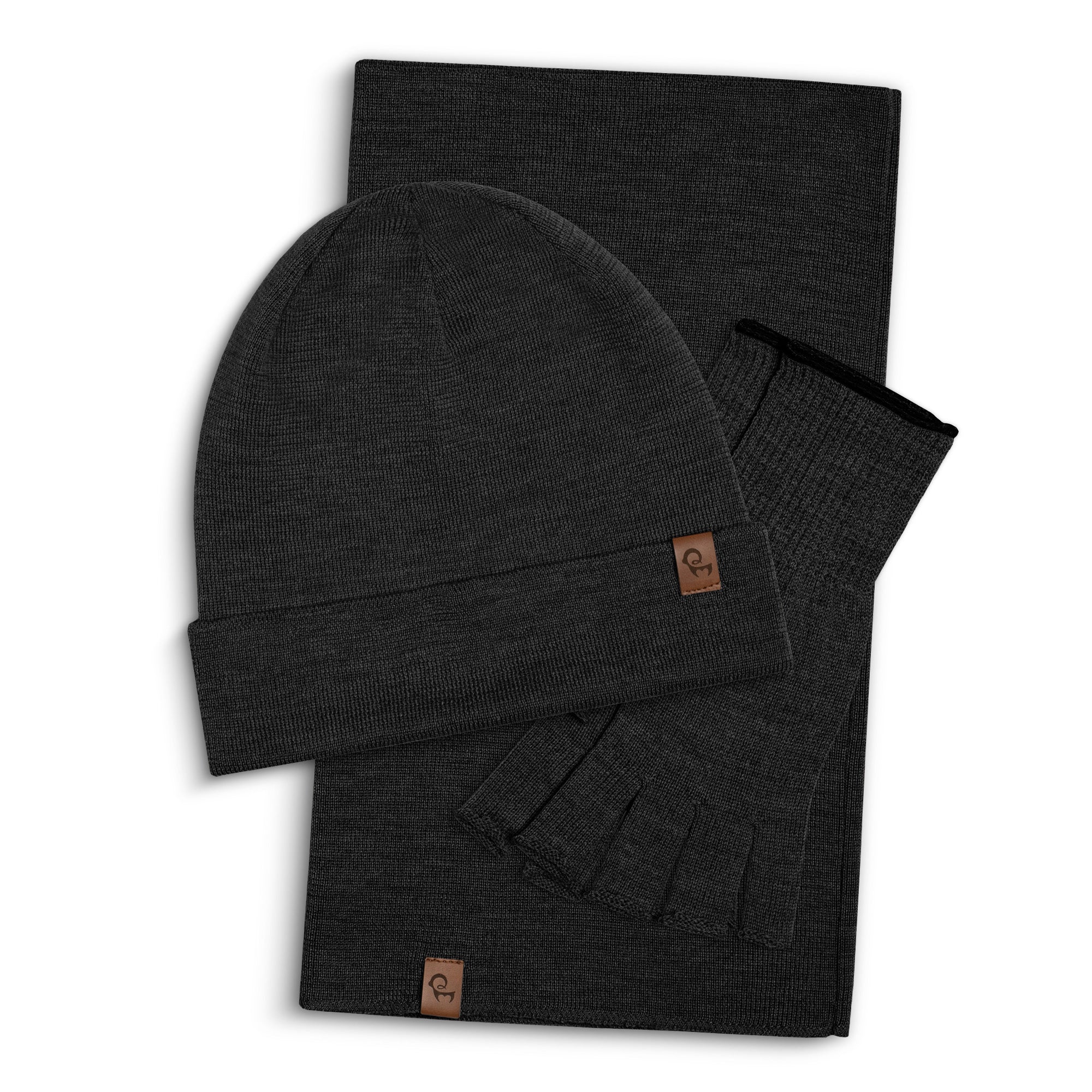 Dark Green menique knit beanie, neck gaiter, and fingerless gloves set on a white background
