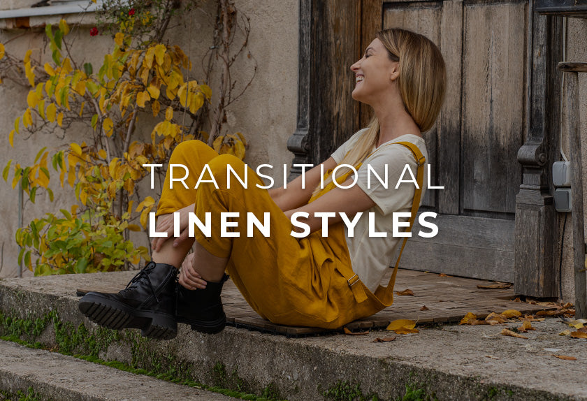 Woman sitting on steps outdoors with text overlay 'Transitional Linen Styles'.