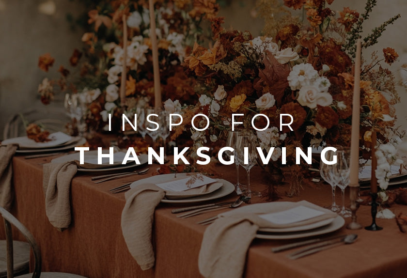 Decorated Thanksgiving table with flowers and text overlay 'INSPO FOR THANKSGIVING'.
